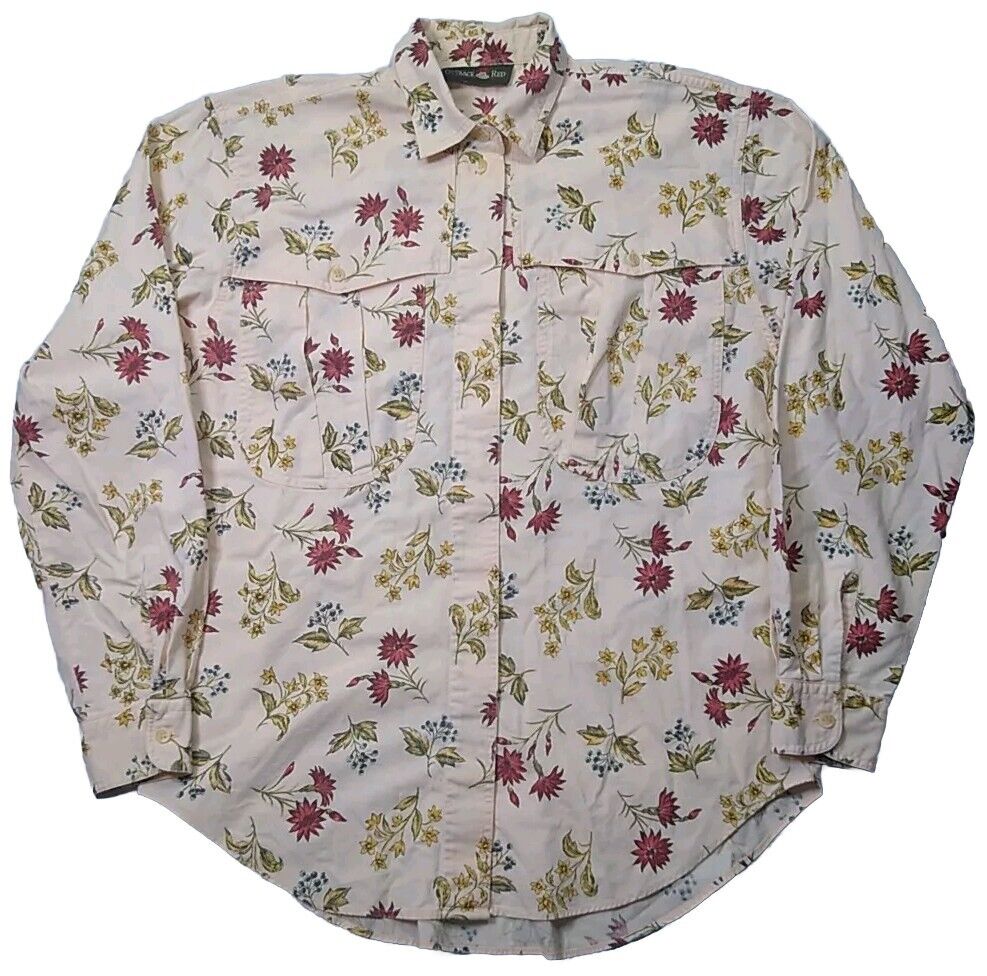 Vintage Outback Red Long Sleeve Button Down Floral Pattern Cotton Shirt Blouse