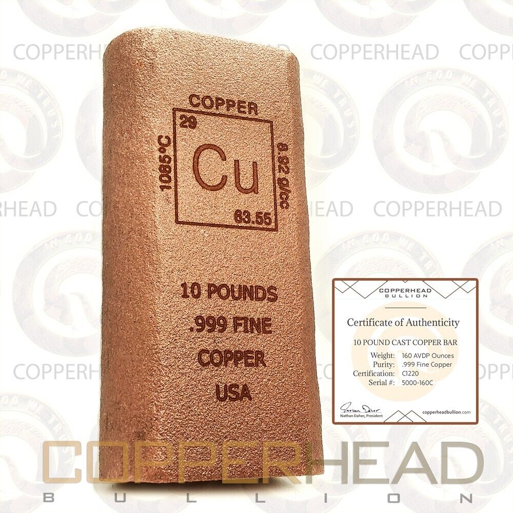 10 Pound lb (160 oz) Element Cast Copper Bar .999 Fine Bullion Ingot Pounds lbs