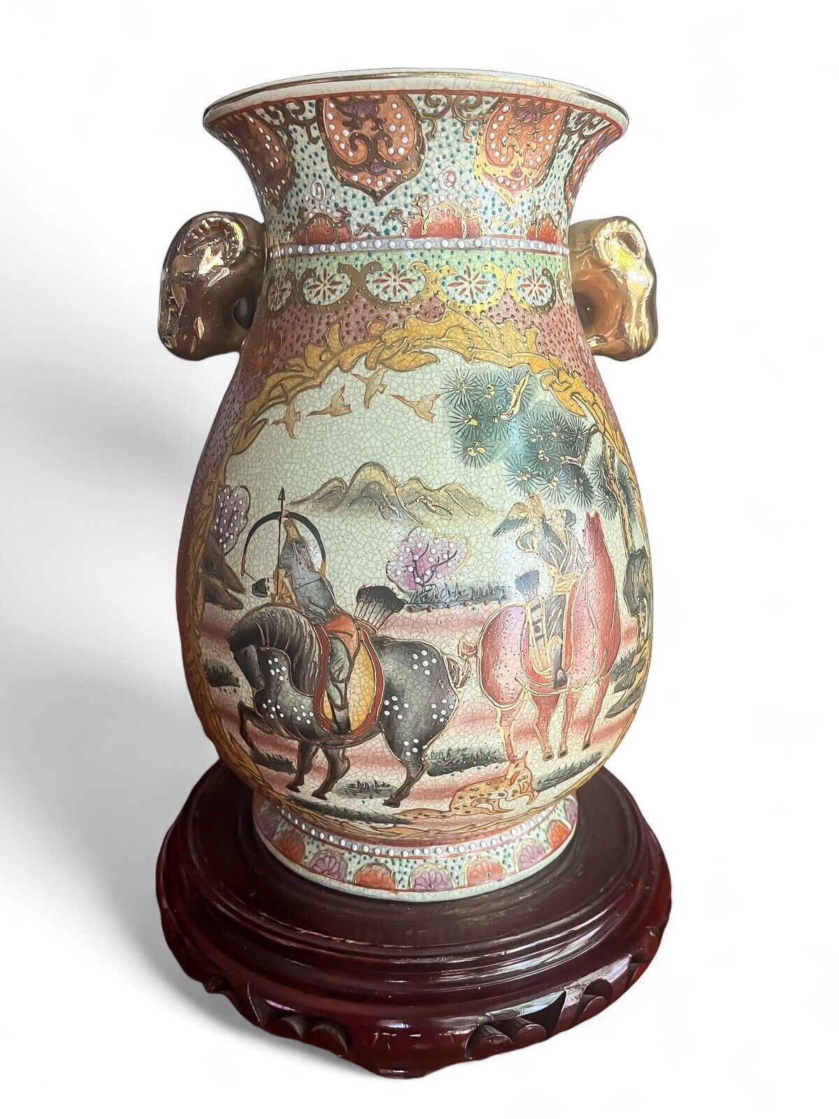 Antique Fine Chinese Satsuma Cloisonné Vase With Stand 12” Hunting Scene Crazing