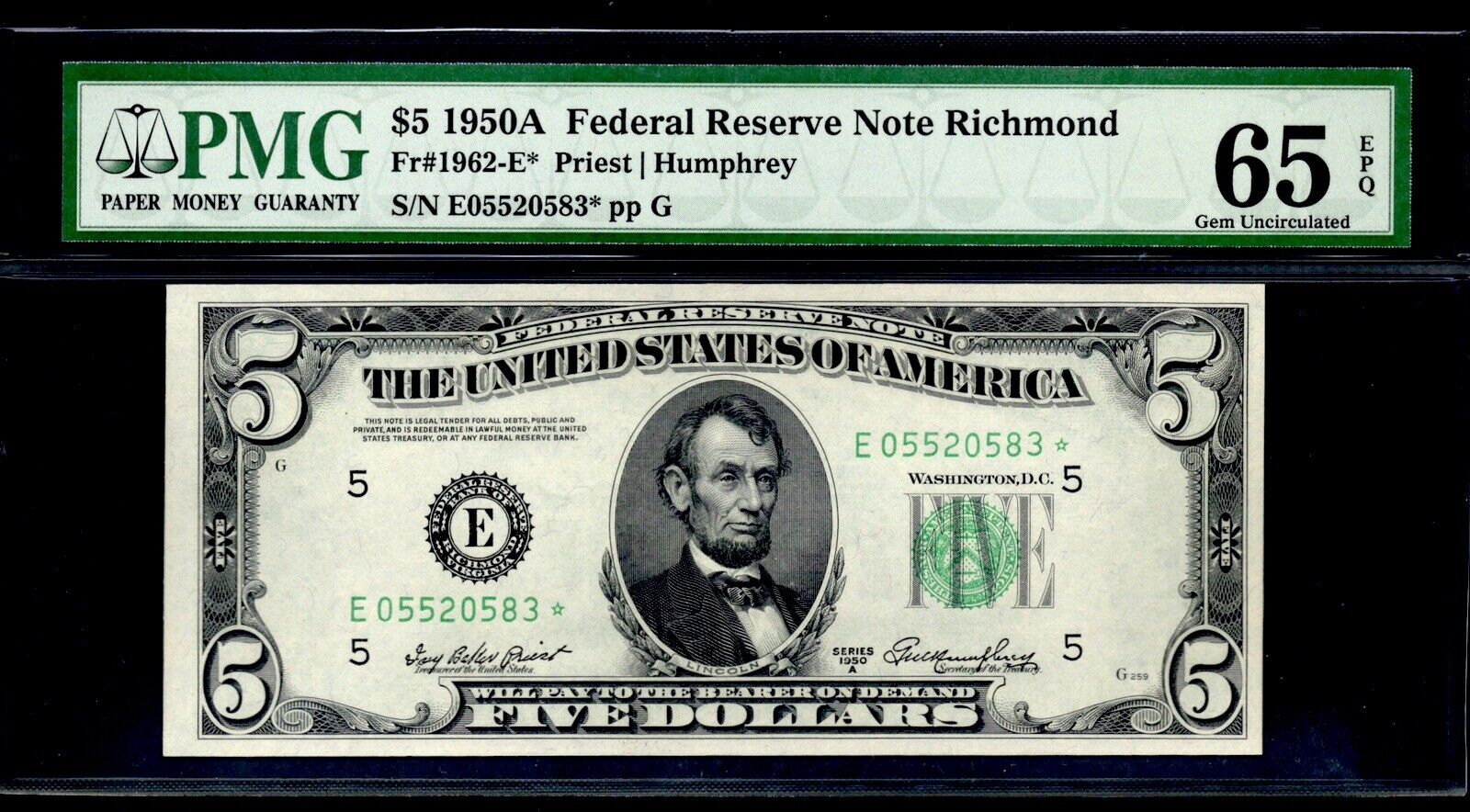 UNITED STATES 1950A $5 FRN, RICHMOND. FR#: 1962-E* (STAR). PMG: 65 EPQ. RARE.