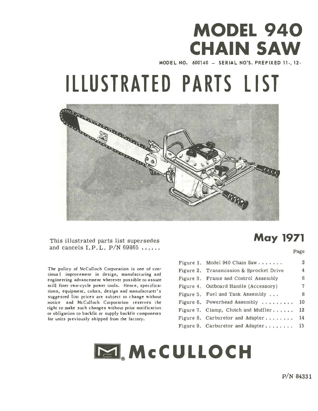 1971 Chainsaw Illustrated Parts List Manual Fits McCulloch 940 MC#37