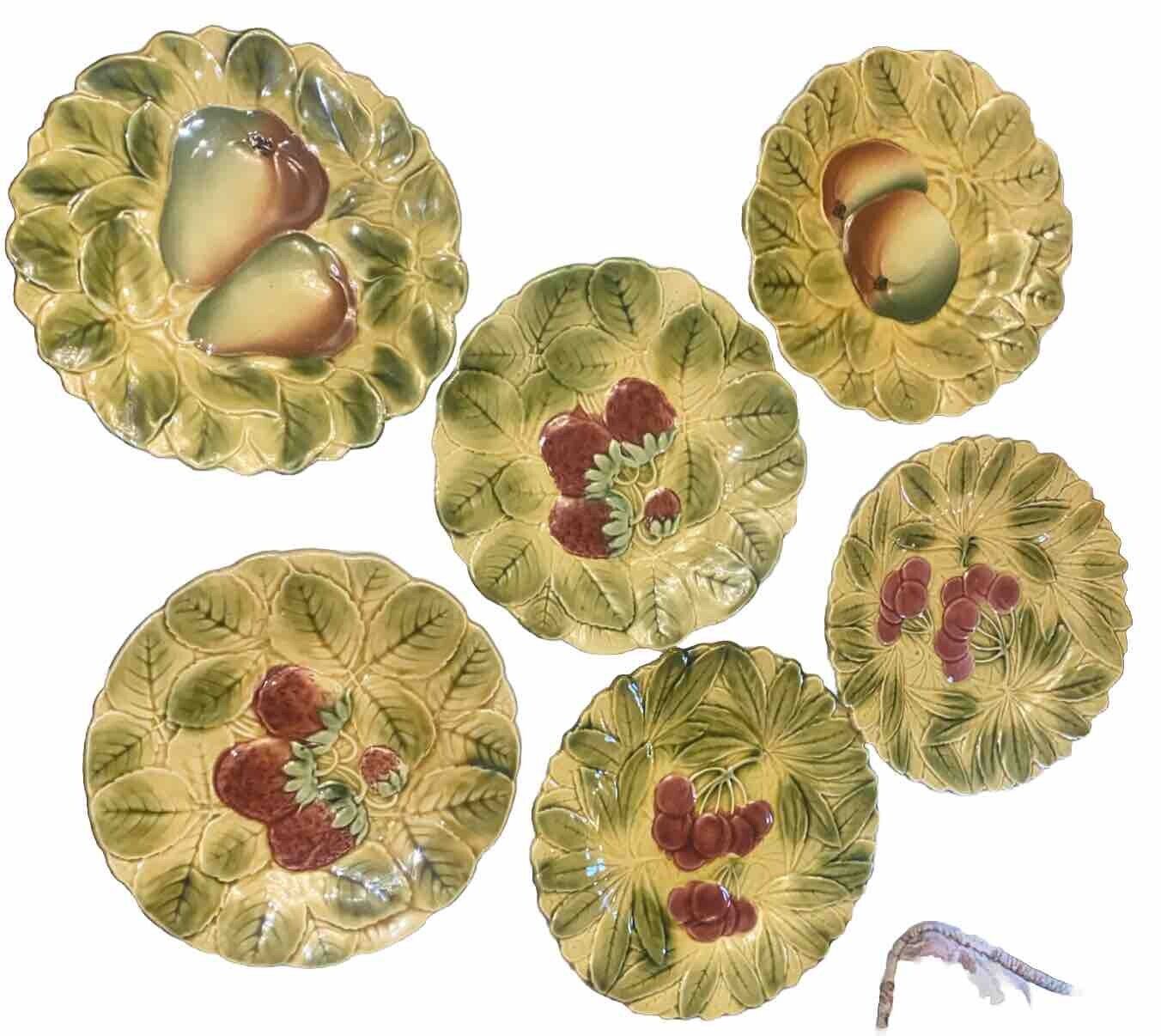 Vintage 1940s French Faience Fruit Majolica Plates By Sarreguemines Set Of 6