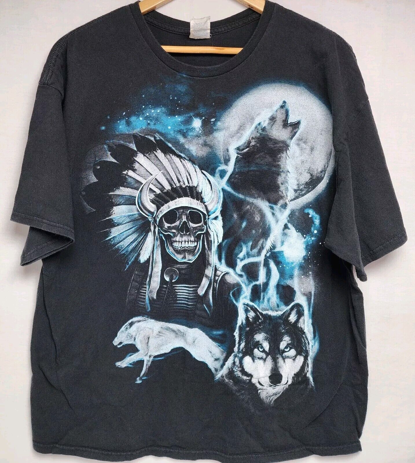 Vintage Delta Pro Native American Skull & Wolves Mens Graphic T Shirt 2XL Black