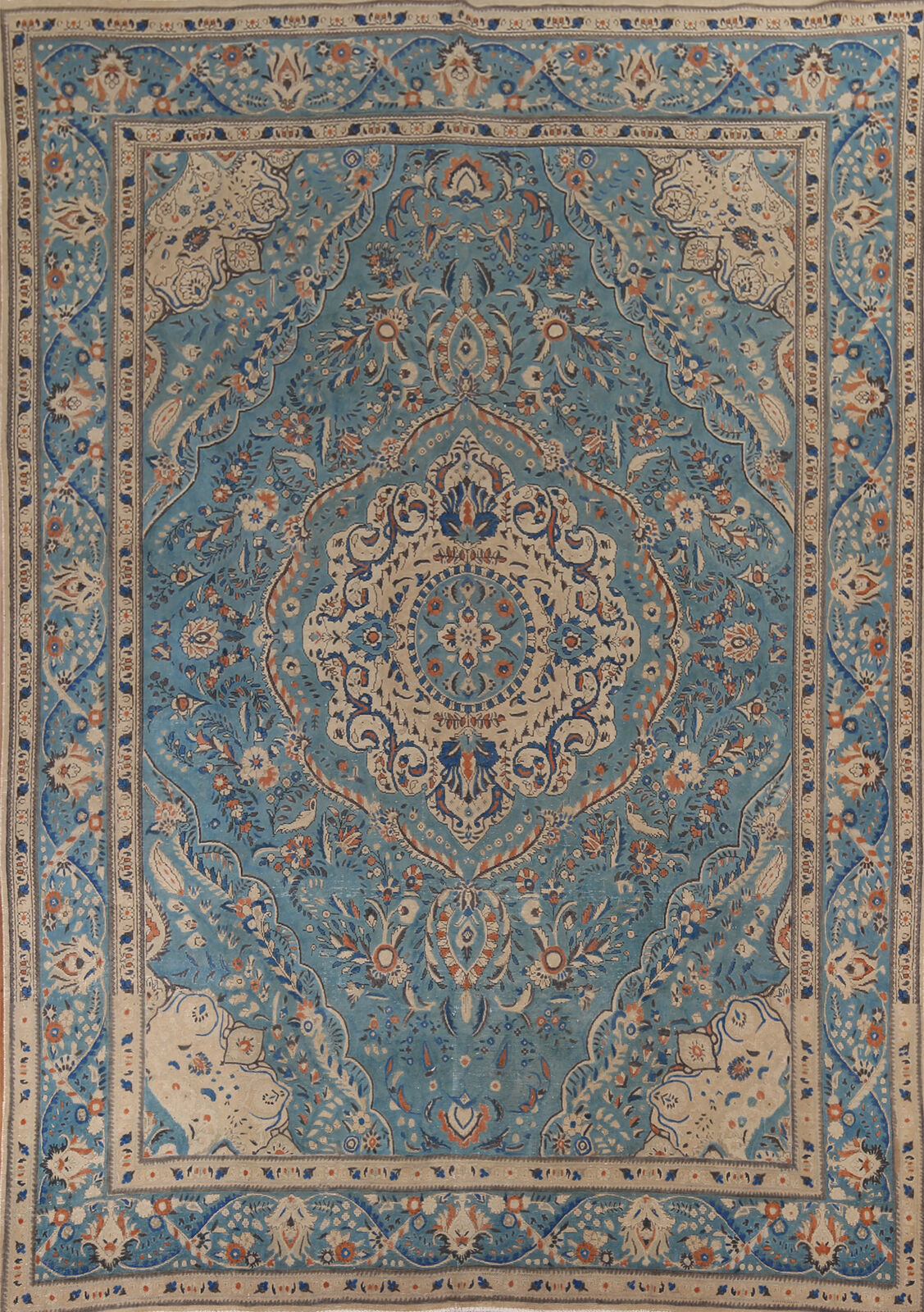 Overdyed Blue Tebriz Vintage Area Rug 10x13 Handmade Wool Living Room Carpet