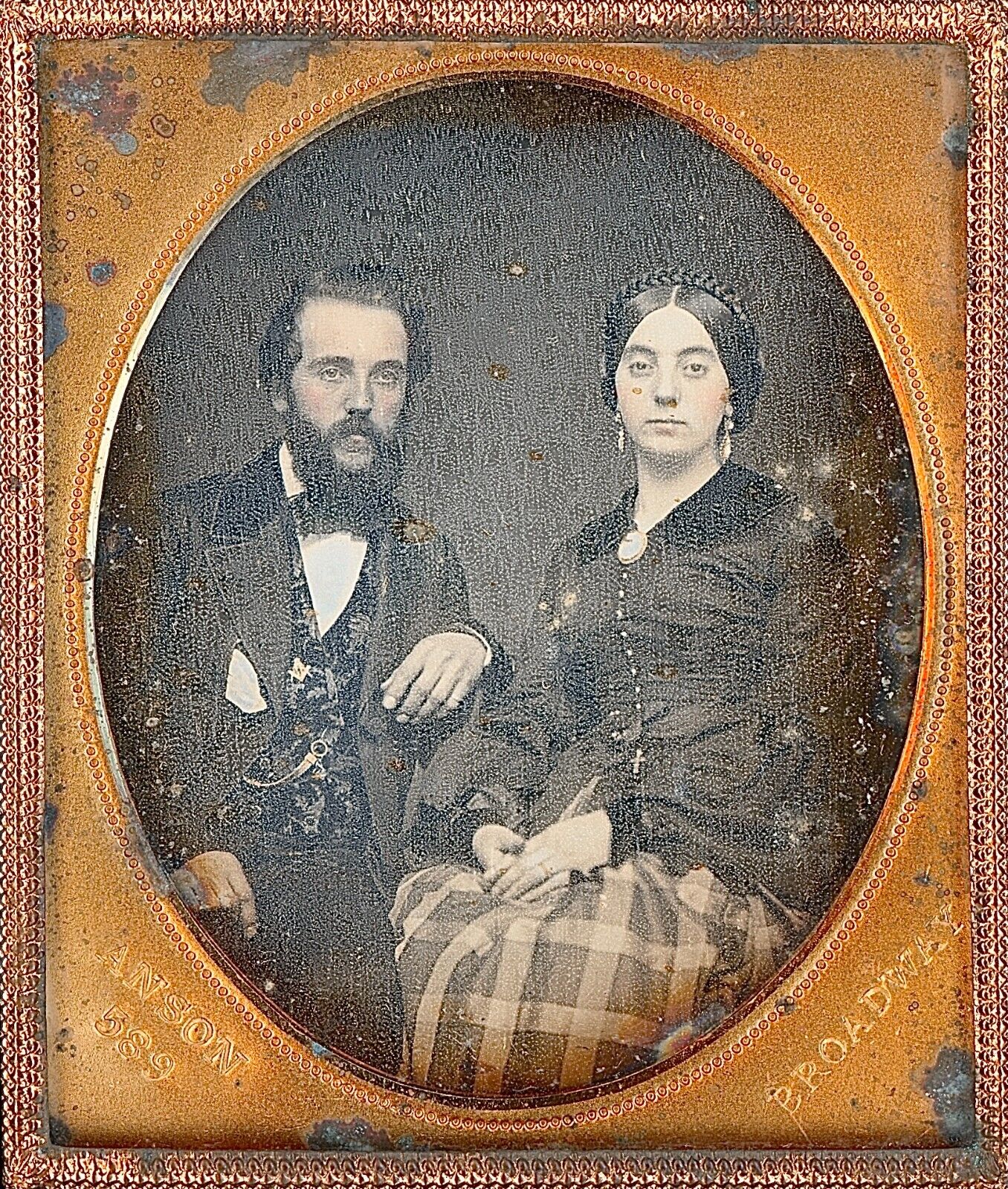 Attractive Couple Masonic Pin By Anson New York 1/6 Plate Daguerreotype S150