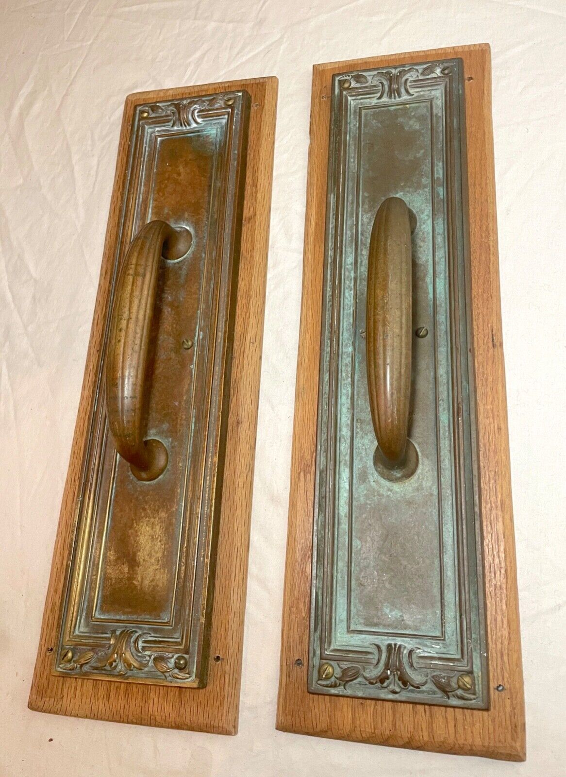 HUGE pair of antique bronze 1800\'s  industrial fixed door handle hardware pulls