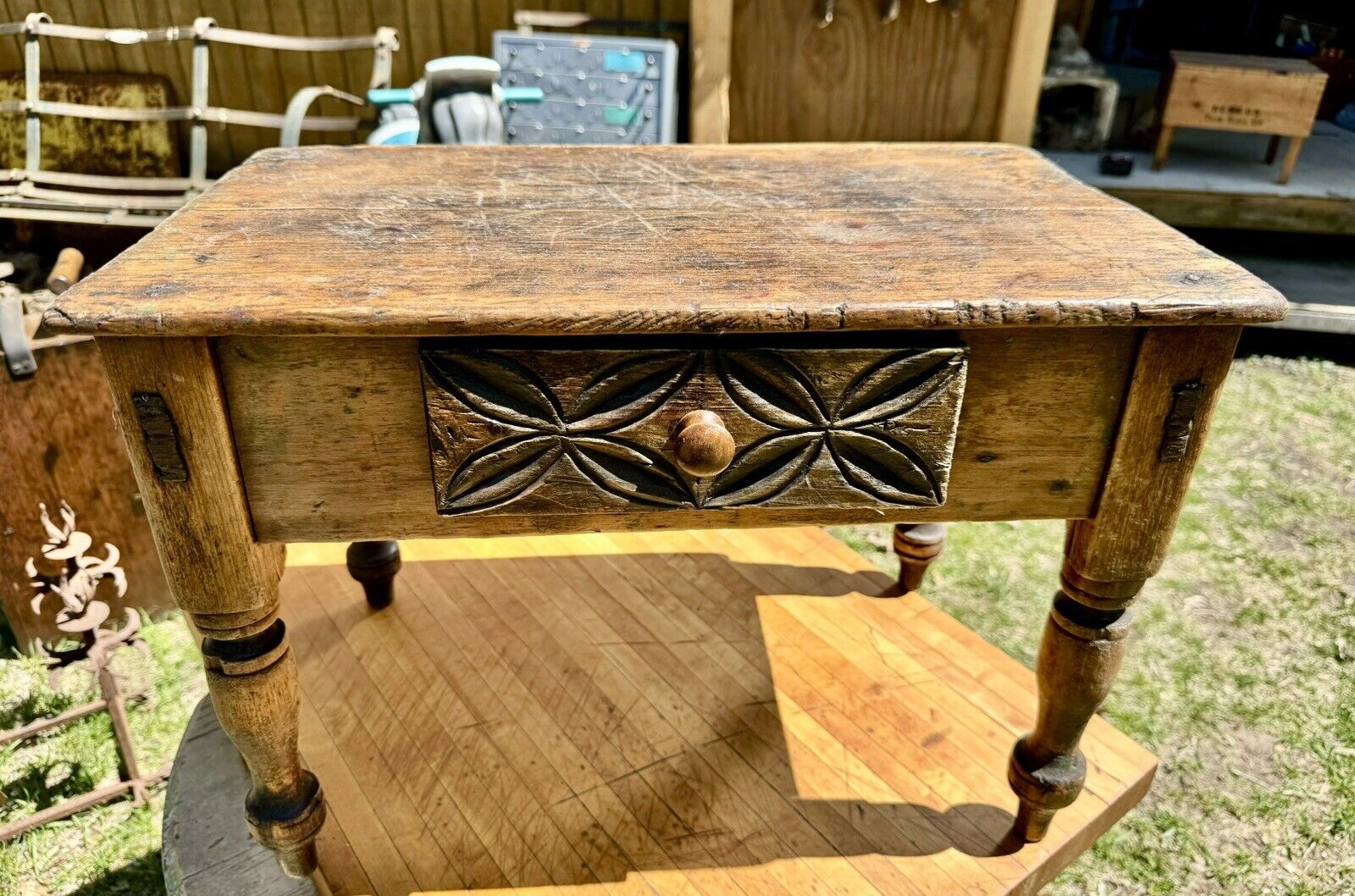 Antique Primitive Wooden Table STOOL Country Rustic Farmhouse Drawer Hand Carved