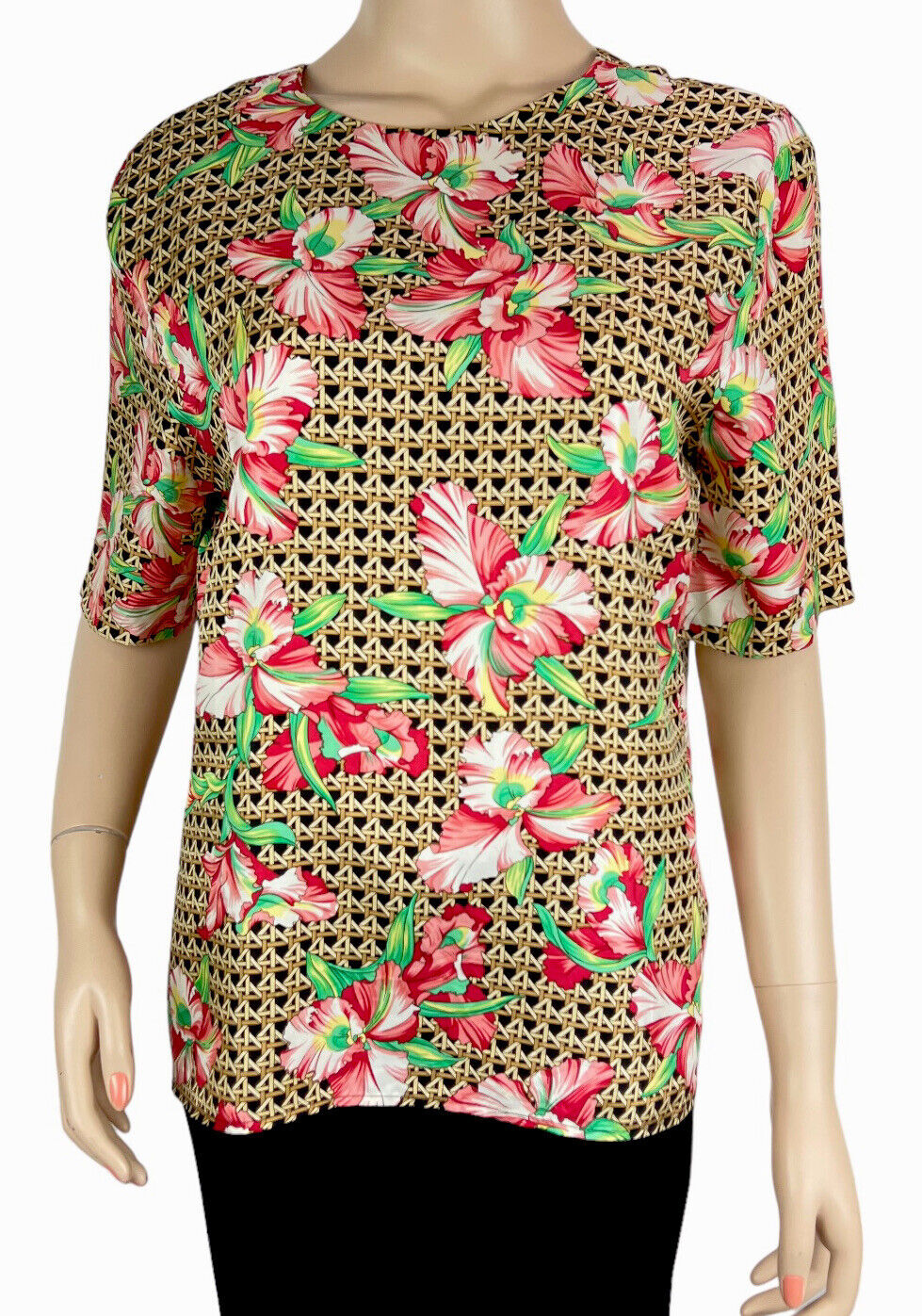 Carlisle Women\'s Pink Floral/Gold 100% Silk Top Sz 8 Short Sleeve