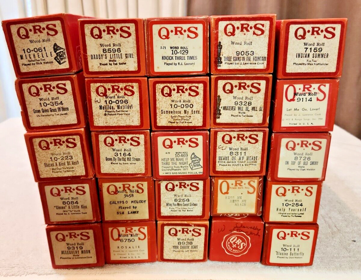 VINTAGE QRS WORD ROLL PIANO PLAYER MUSIC ROLLS LOT OF 25 ROLLS MELODEE SONGS