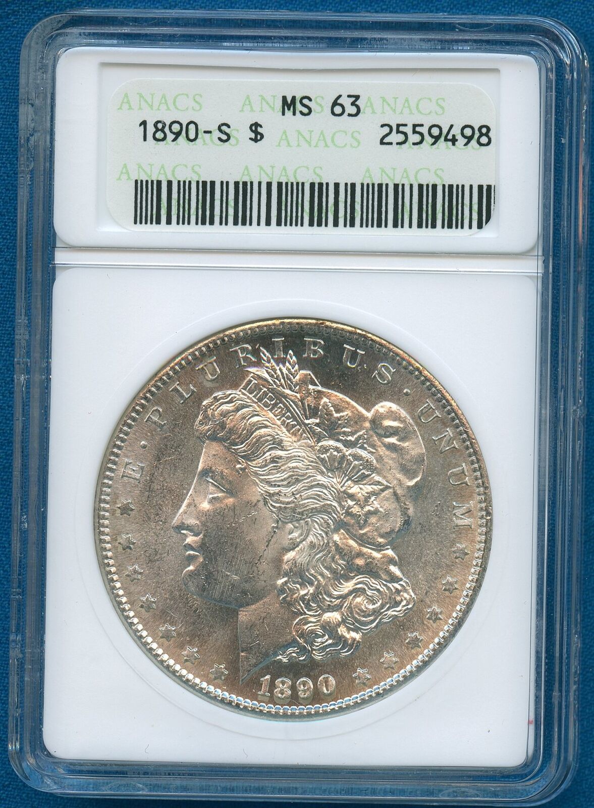 1890 S ANACS MS63 Morgan Silver Dollar $1 US Mint Rare 1890-S MS-63 Soapbox 