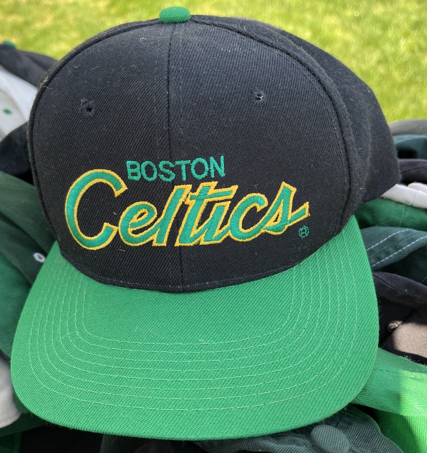 Vintage Boston Celtics Hat Cap Snap Back NBA Sports Specialties Black Script 90s