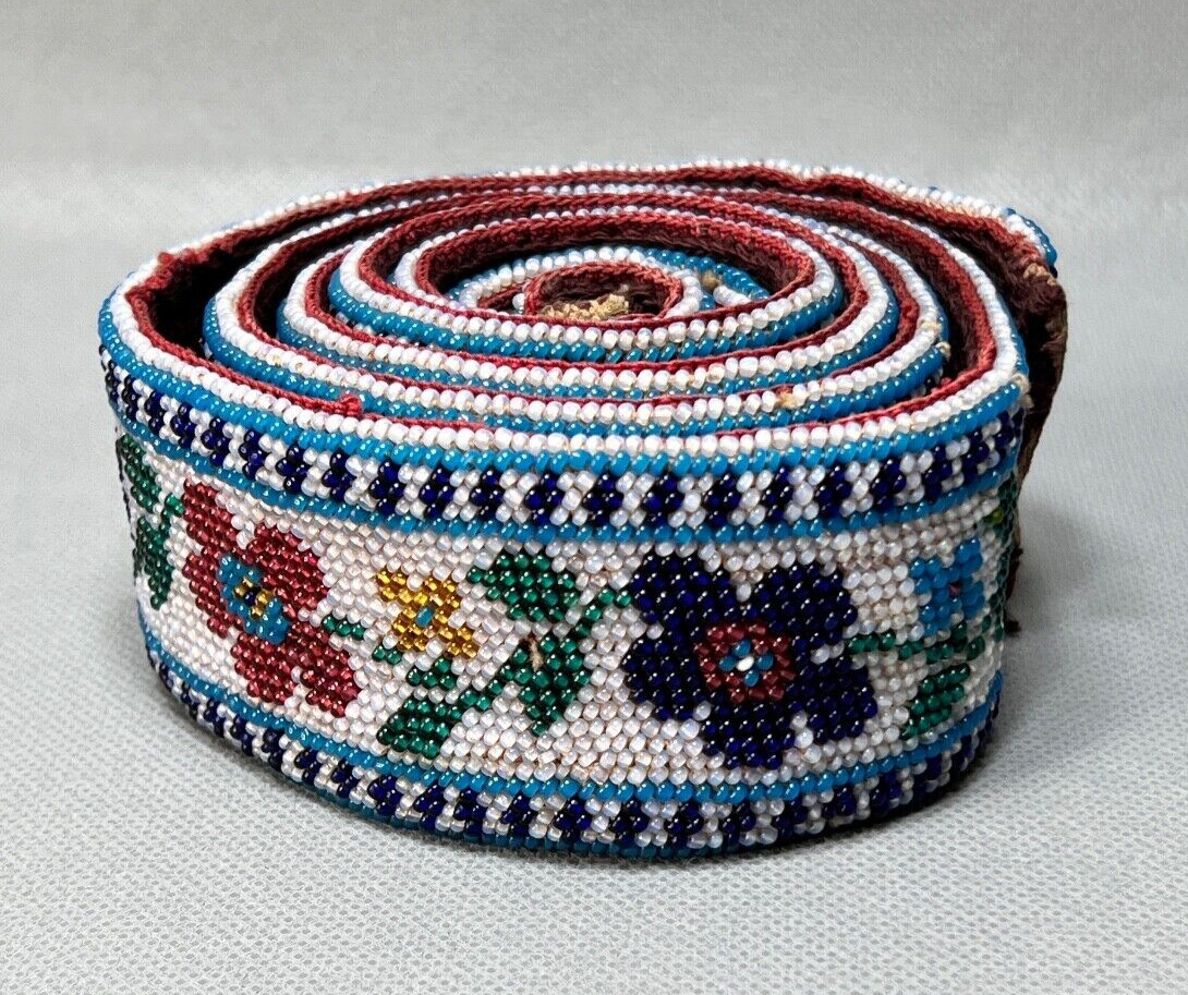 19c Antique Macedonian Folk Costume Wedding Belt Glass Beads Beaded Flowers 43\'\'