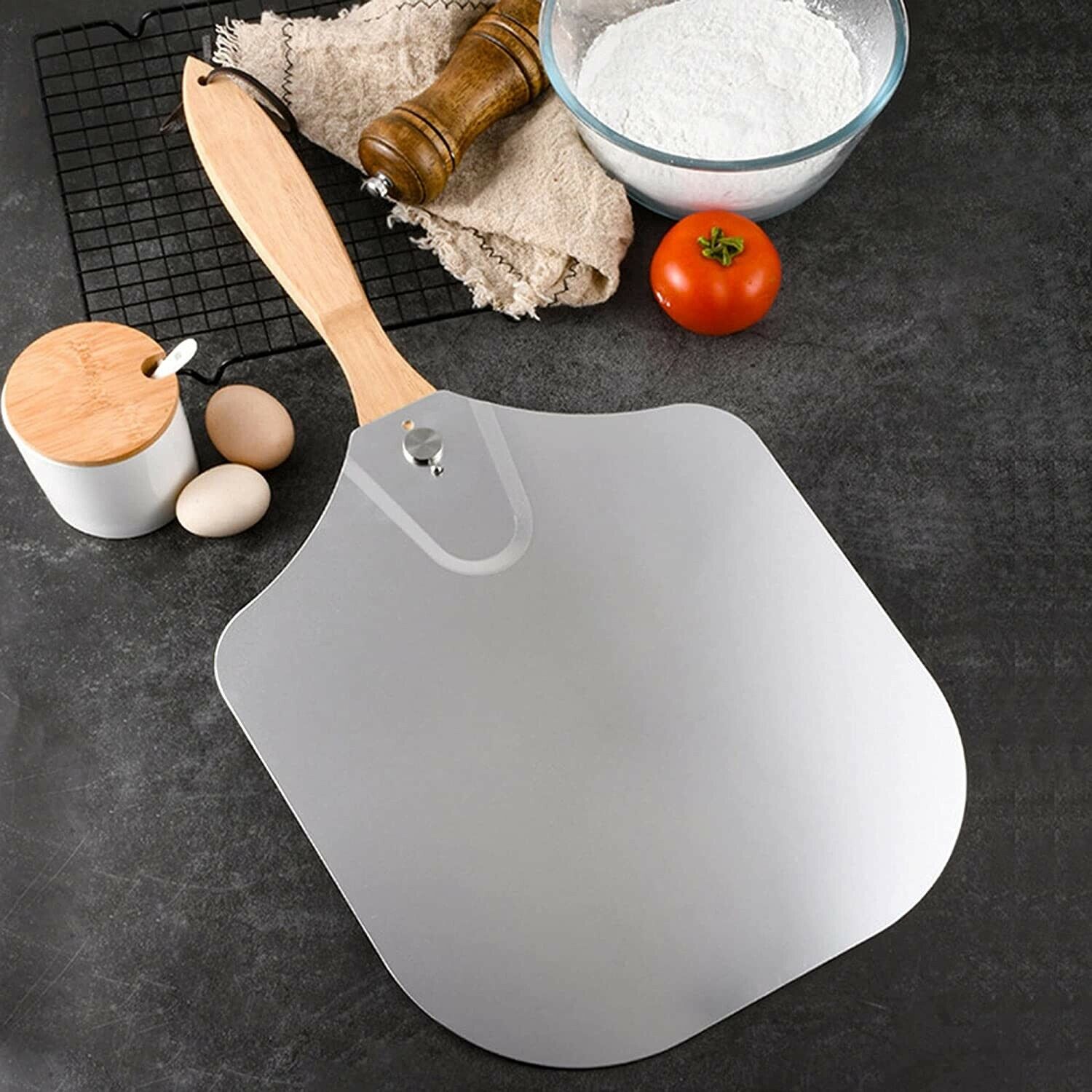 Dinoxo Aluminum Pizza Peel 12 Inch x 14 Inch with 360° Folding Wood Handle Pizza