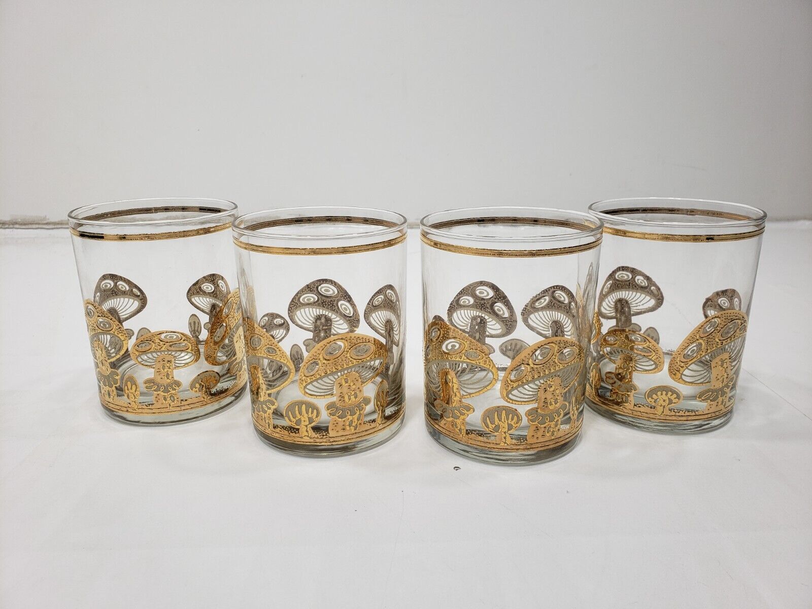 Culver 22K Gold Mushroom Vintage Lowball Drinking Glass MCM Mid Century Set Of 4