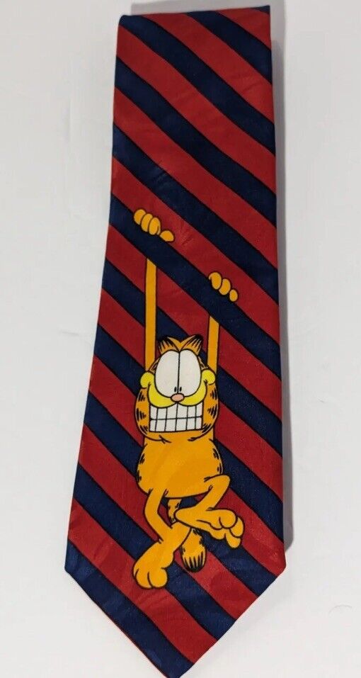 Garfield Men\'s Tie Necktie Balancine Striped Vintage 1978 Cat Hang On Red EUC