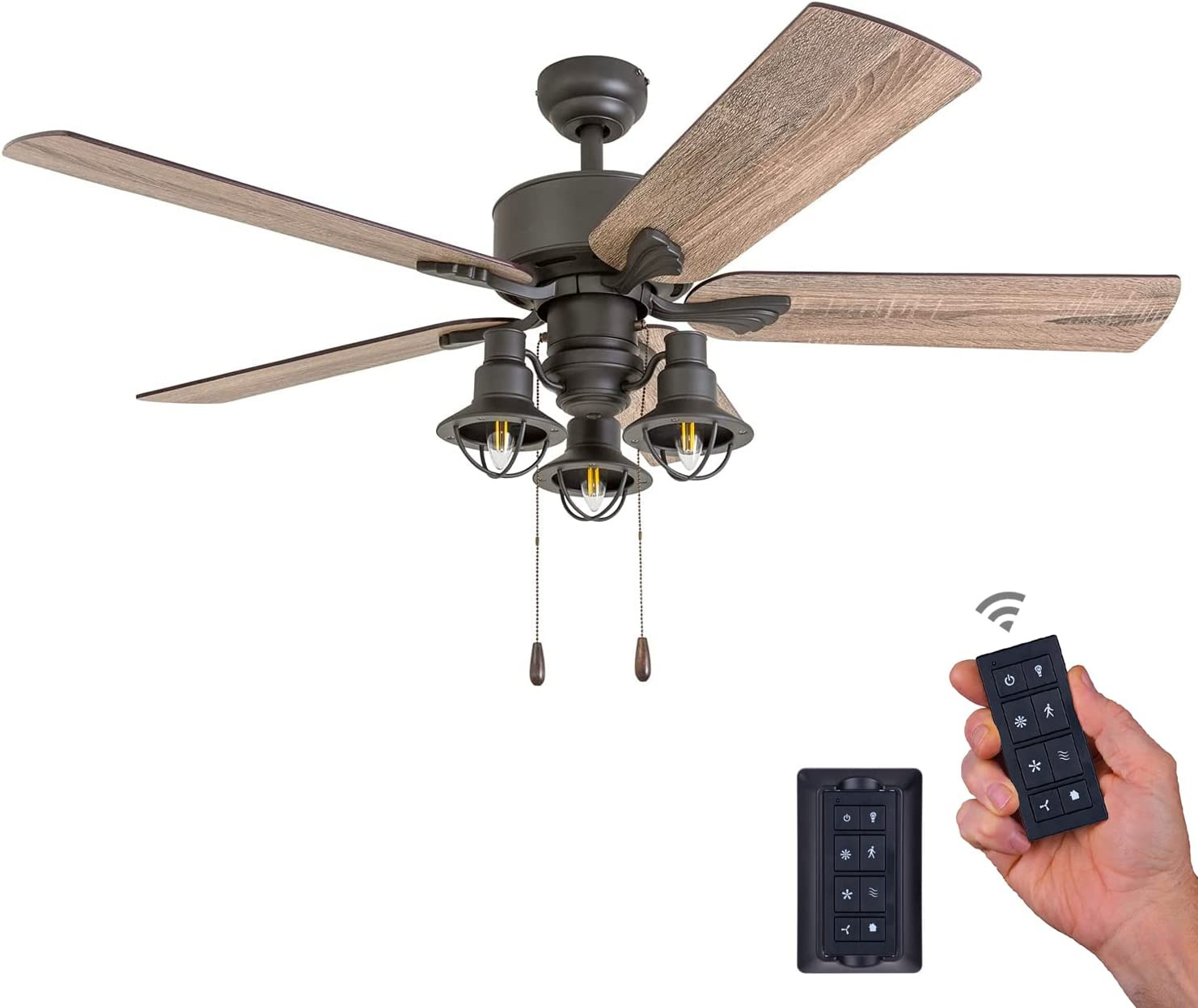 Sivan, 52 Inch Farmhouse LED Ceiling Fan with Light, Remote Control, Three Mount
