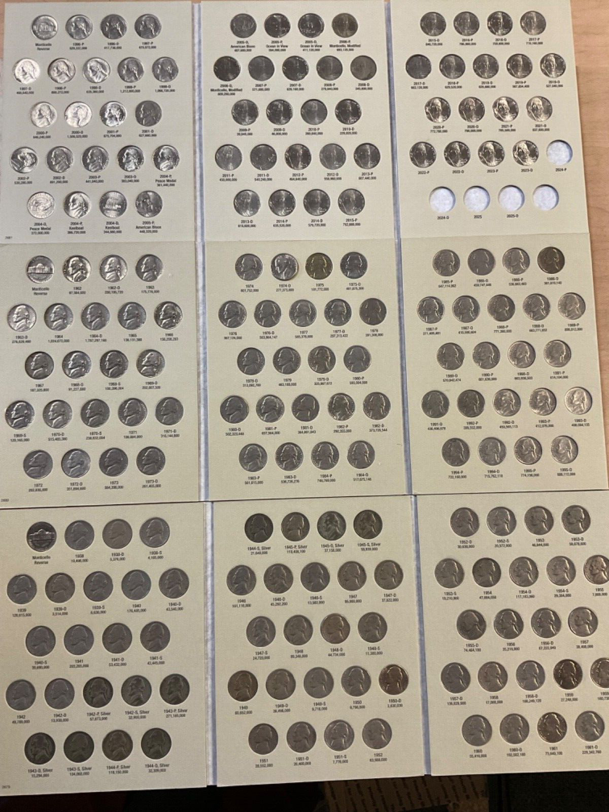 Jefferson Nickels Set 1938 - 2023 in New H.E. Harris Coin Folders; Full Set