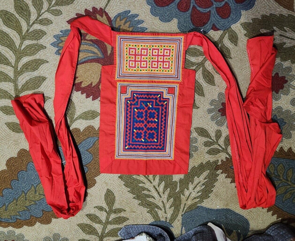 Bright Red Beautiful Hmong Batik Traditional hand embroidery baby carrier