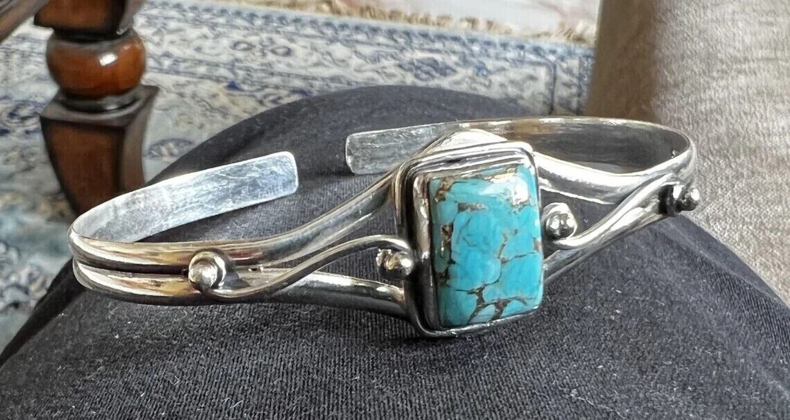 Blue Copper Turquoise Gemstone 925 Sterling Silver Handmade Bracelet Cuff WTS01