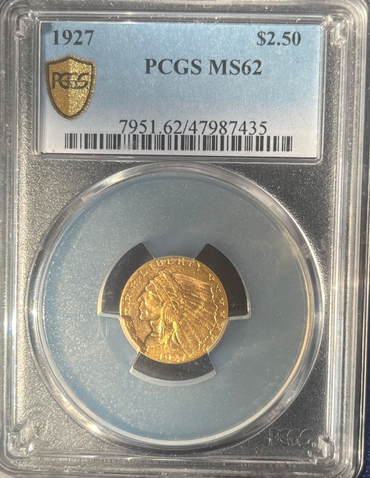 1927 Indian Gold $2.50 PCGS MS62 Nice Eye Appeal Nice Strike