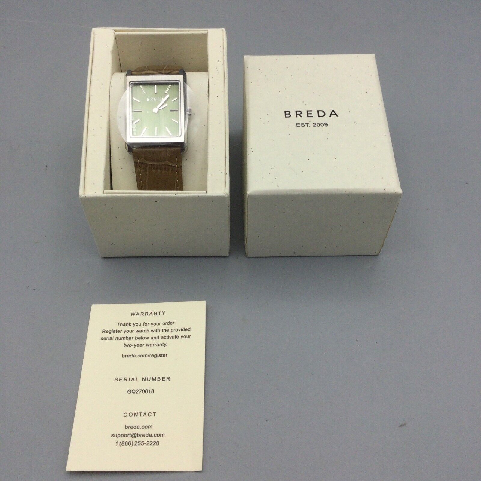 NEW Breda Virgil Tank Watch Silver Tone Green Rectangle Dial Brown Leather Strap