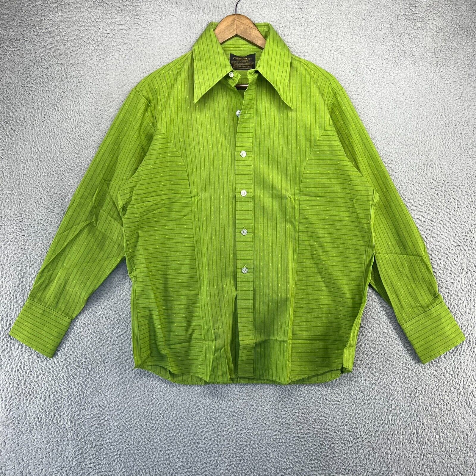 Vintage Sears Perma Prest Shirt Men\'s Large Green Striped Diamond Geometric 70s