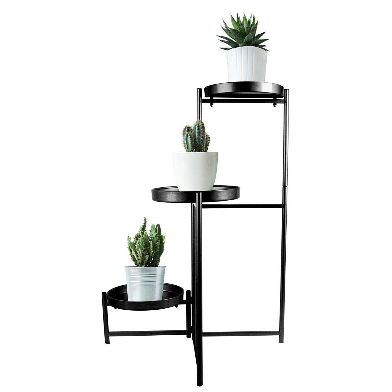 3 Tier Metal Plant Stand With Round Base - Black