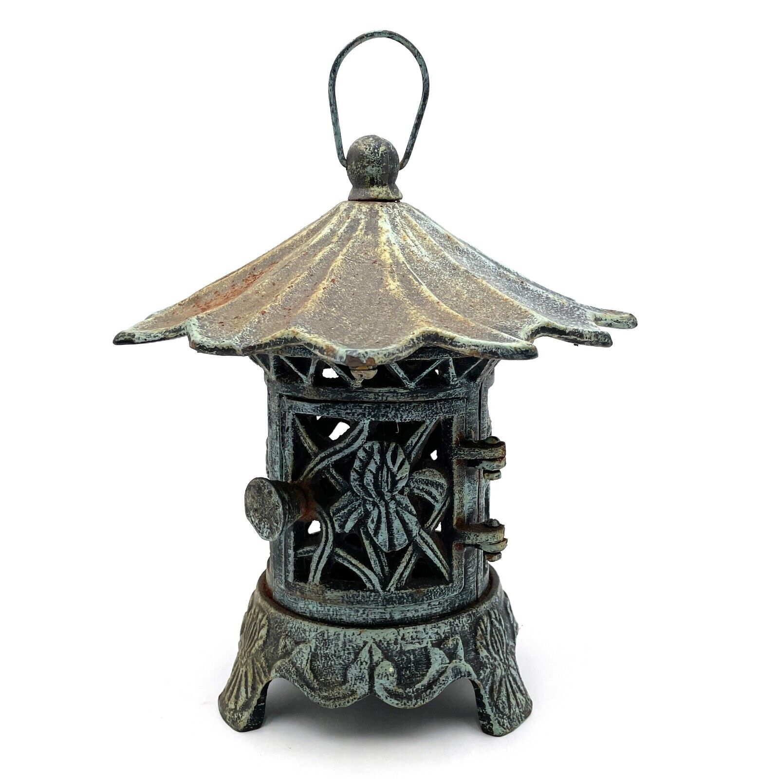 VTG Cast Iron Japanese Hanging Pagoda Garden Lantern Iris Floral Roof Design 8lb