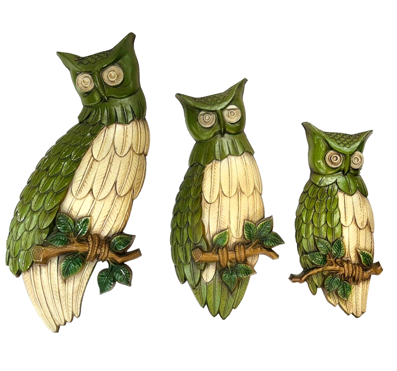 Vintage 1969 Sexton Cast Metal Perched Owls On Branches Wall Hangings Set Of 3
