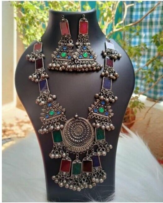 Vintage Indian Traditional Ethnic Silver Oxidized Afghani Long Indian Necklace