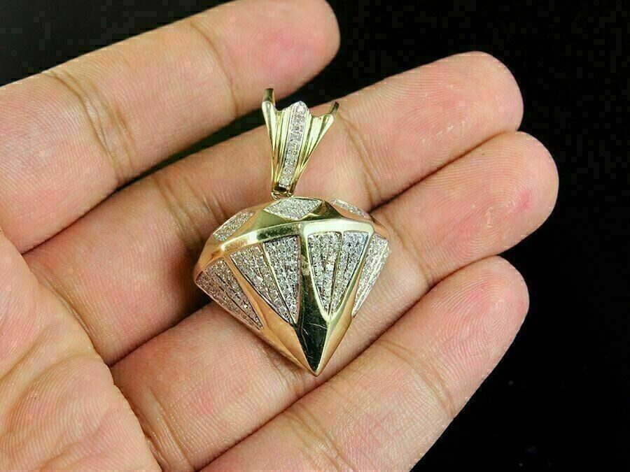 Mens 10K Yellow Gold Fn 2ct Simulated Diamond Custom Diamond Shape Pendant Charm