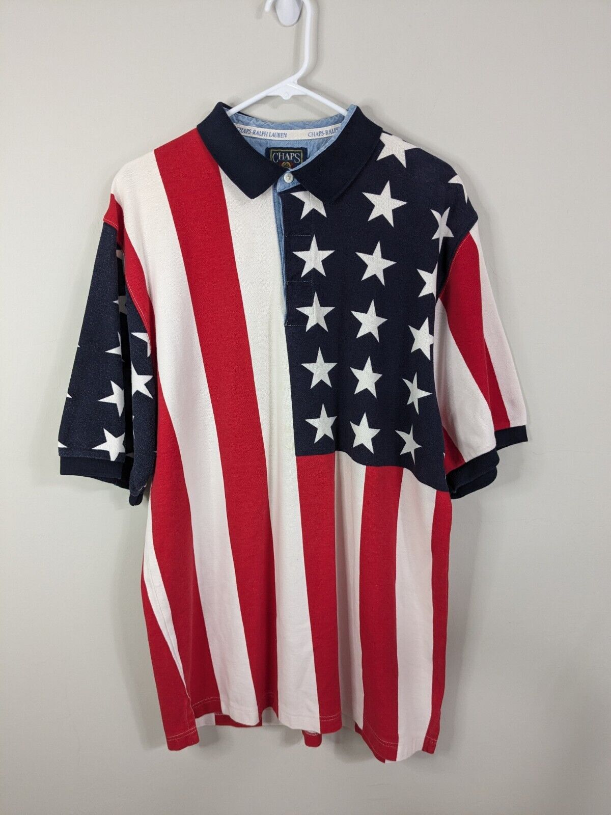 Vintage Chaps Ralph Lauren Polo Shirt Men\'s Large American Flag Short Sleeve