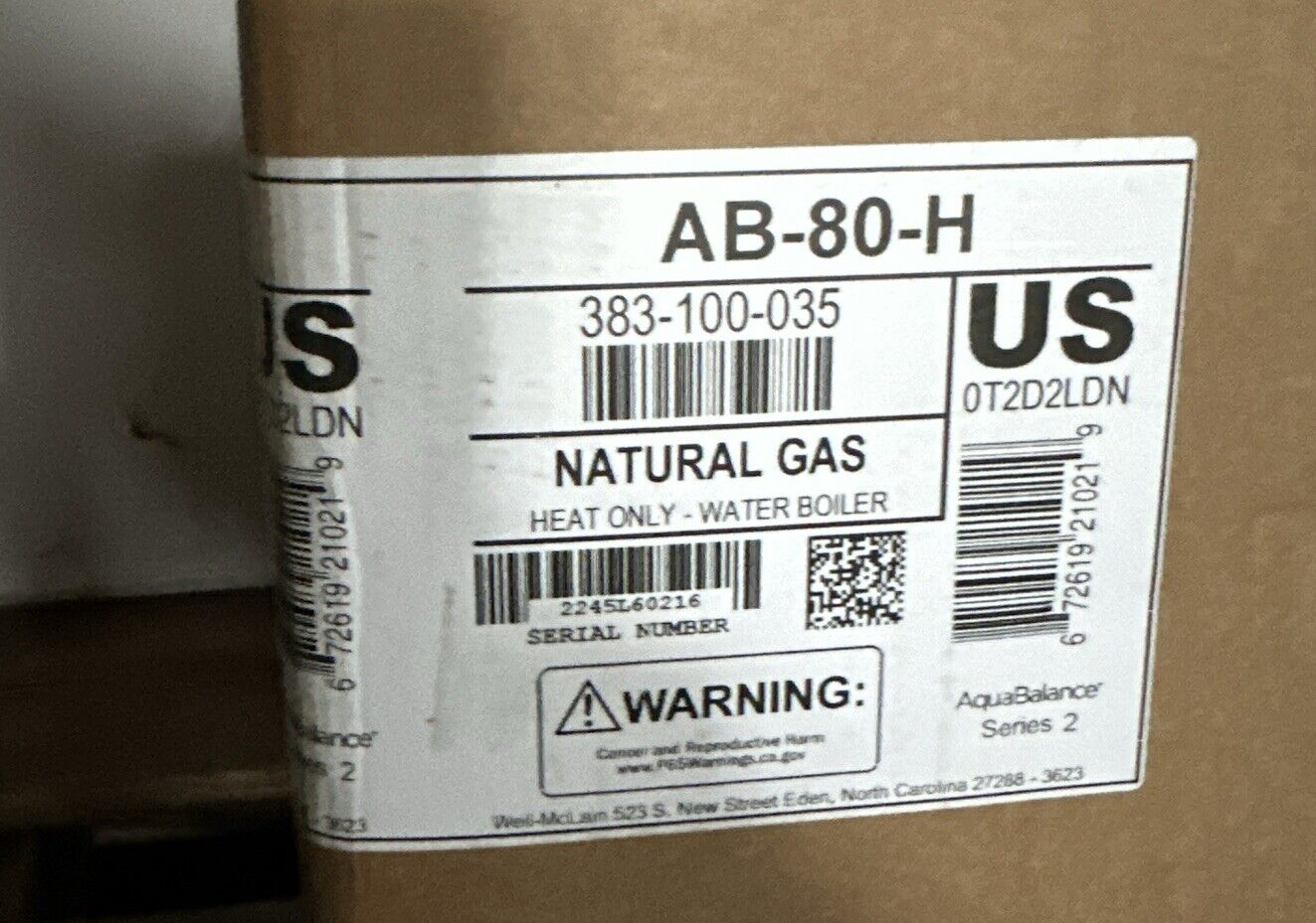 Weil-McLain Aquabalance AB-80-H - 75K BTU 95% AFUE Hot Water Gas Boiler New