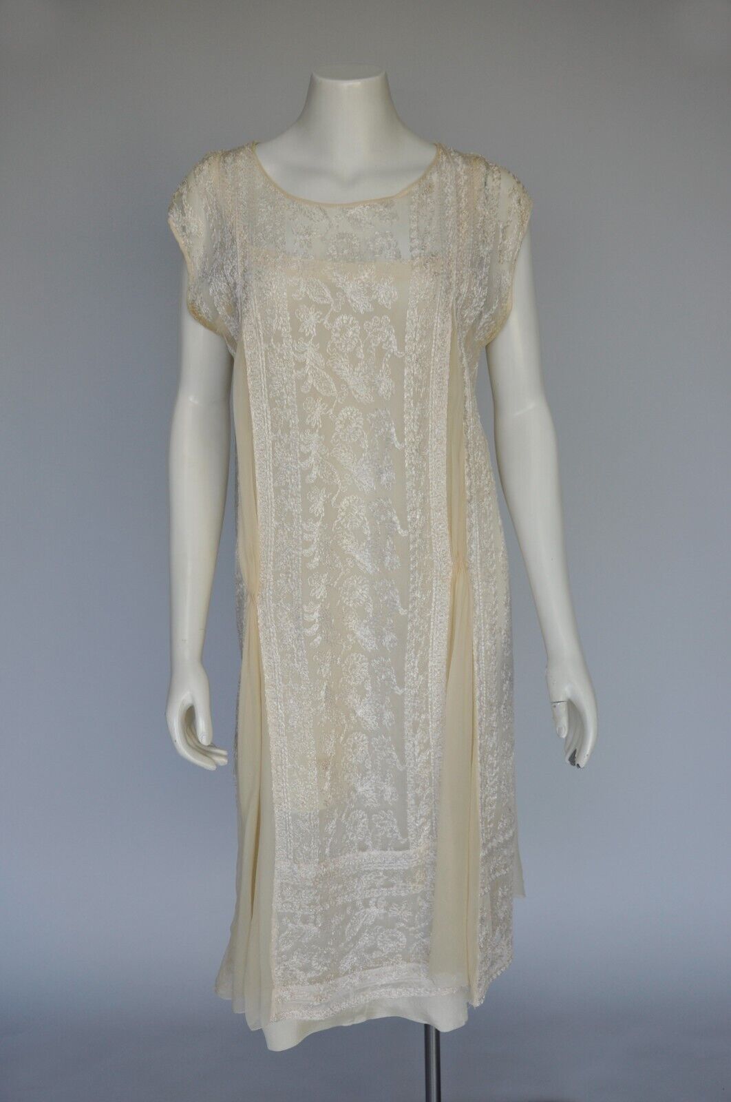 Antique 1920s Ivory Floral Net Embroidered Dress w/ Silk Chiffon Panels Wedding