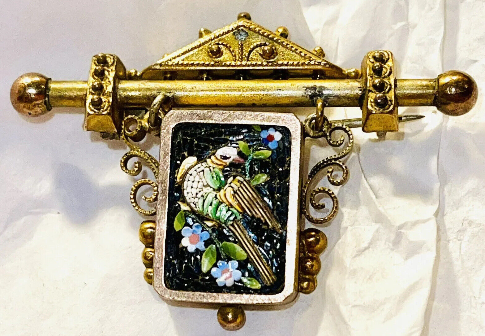 Rare Antique Victorian Italian Gold Micro Mosaic Brooch Bird Floral Pin READ