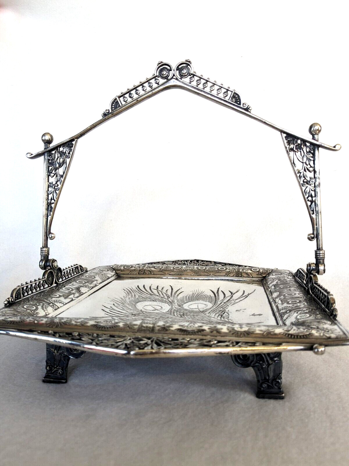 Meriden B. Company 1852 Silver Plated Embossed Square Bridal Basket W/ Handle
