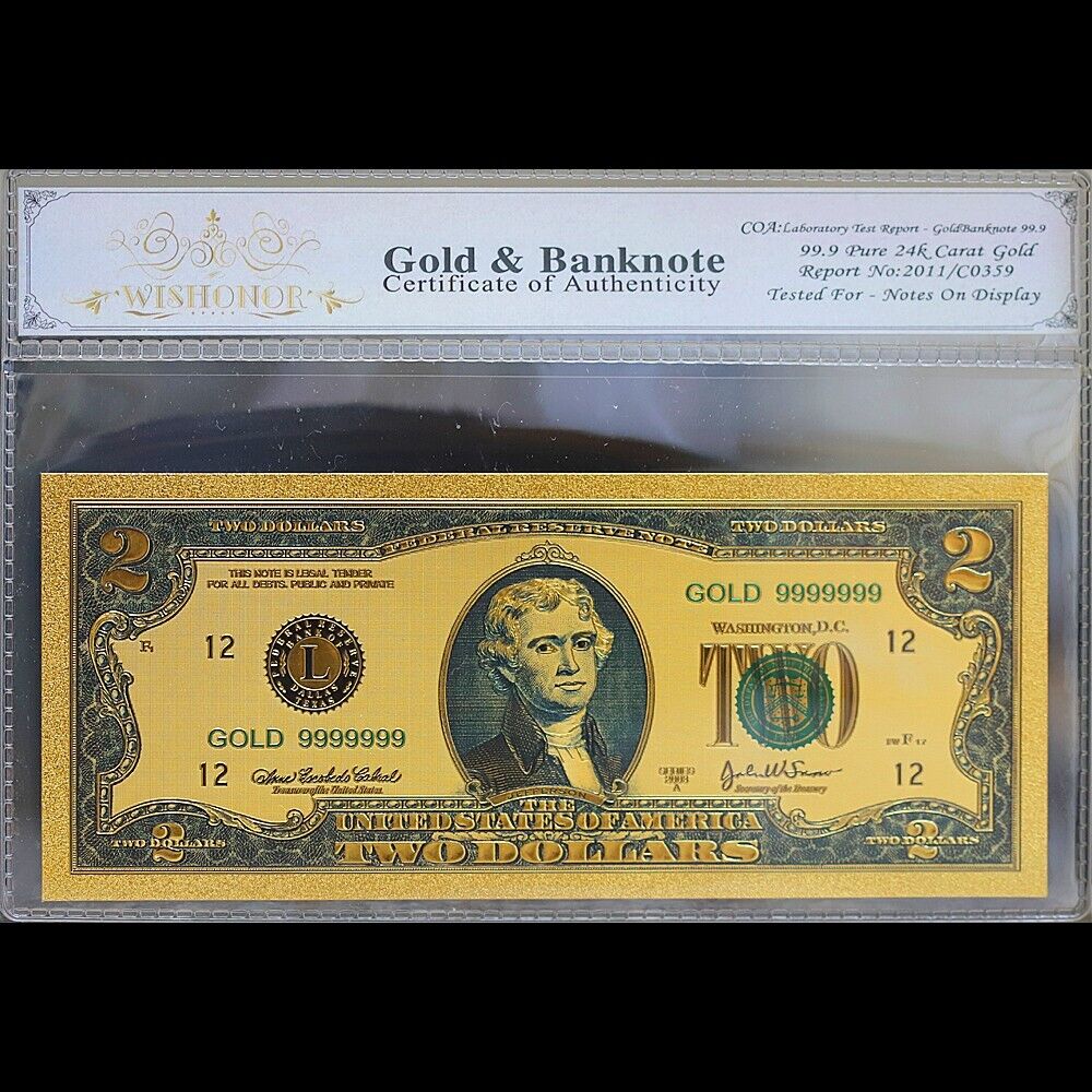 Gold 2003 $2 Two Dollars Banknote Collectible with Bag & Certificate