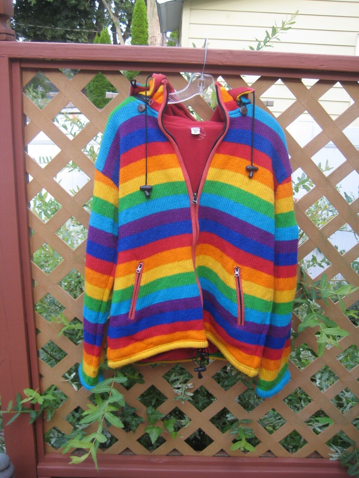 Rainbow Pride Stripe Hippy Hoodie Jacket Size Medium Mens 100% Wool Nepalese