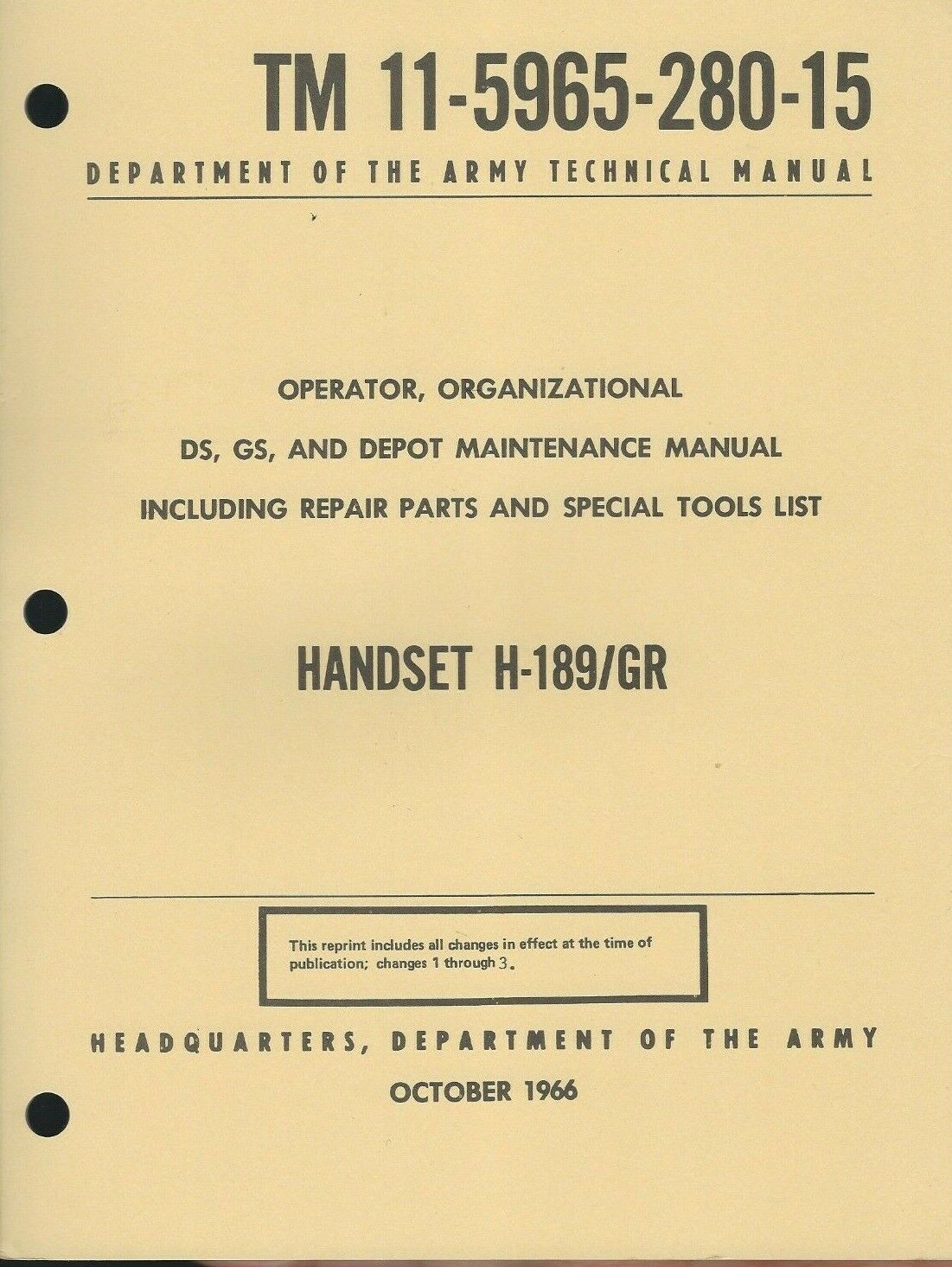 Historical book for Handset H-189/GR, Operator and Maintenance