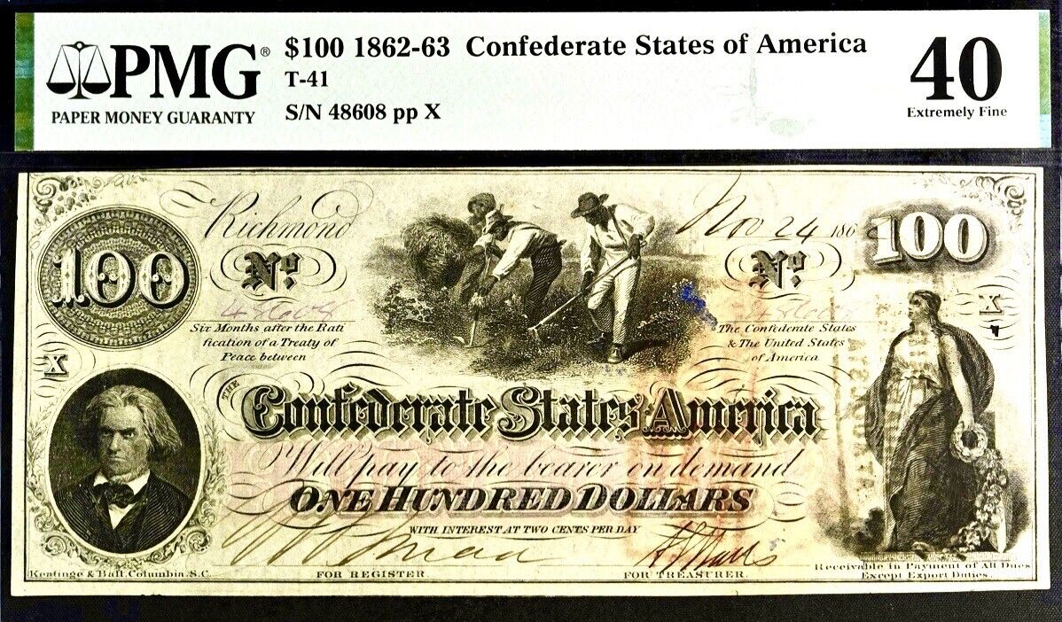 1862-63 $100 Confederate States of America T-41 PMG 40 Extremely Fine Banknote