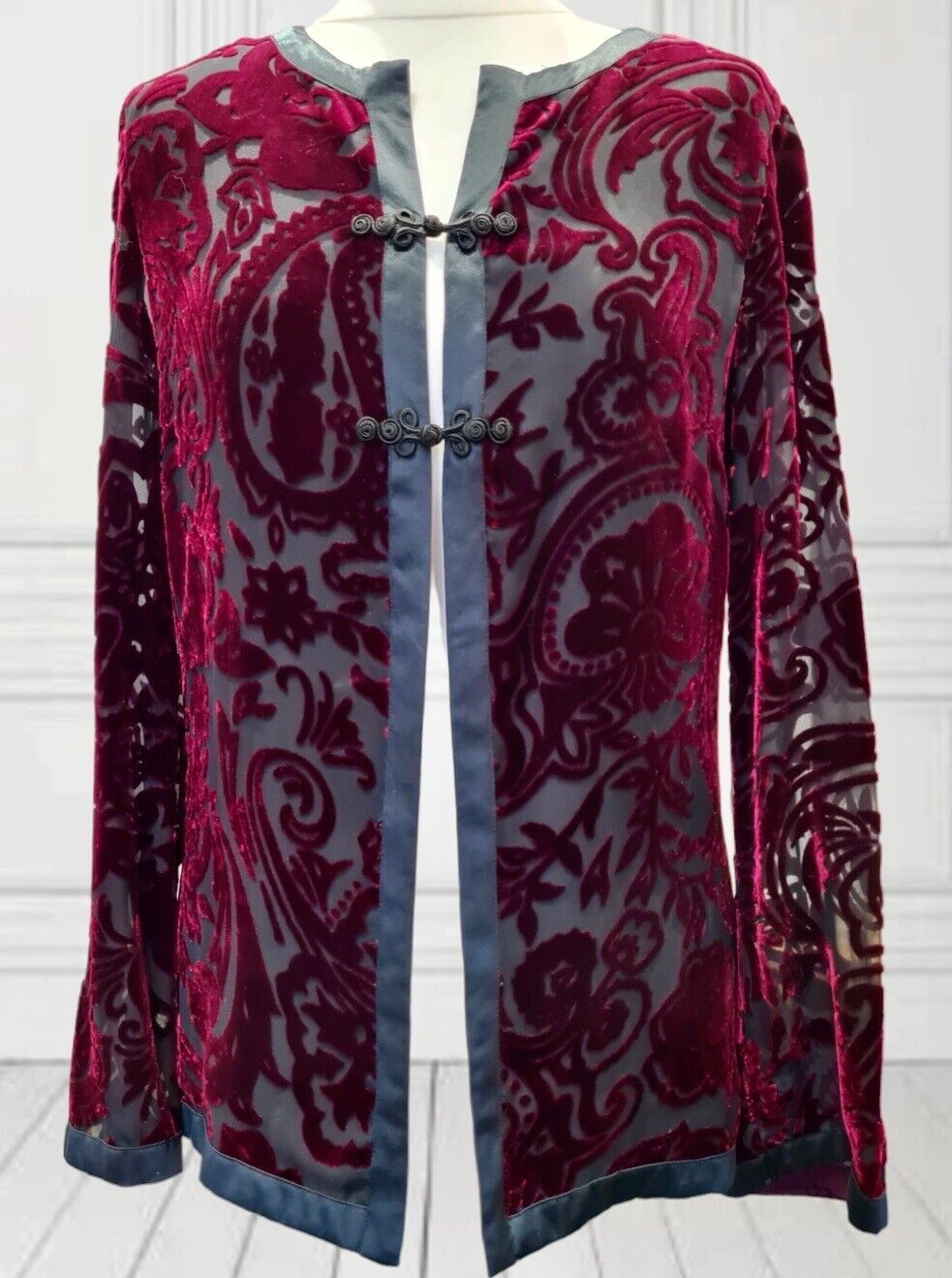 Stunning *LAURA ASHLEY* Red Vintage Silk Devoré Velvet Kimono Jacket 16