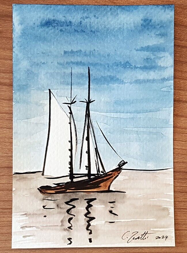 CHRIS ZANETTI Original Watercolor Painting Seascape Sail Boat 6\