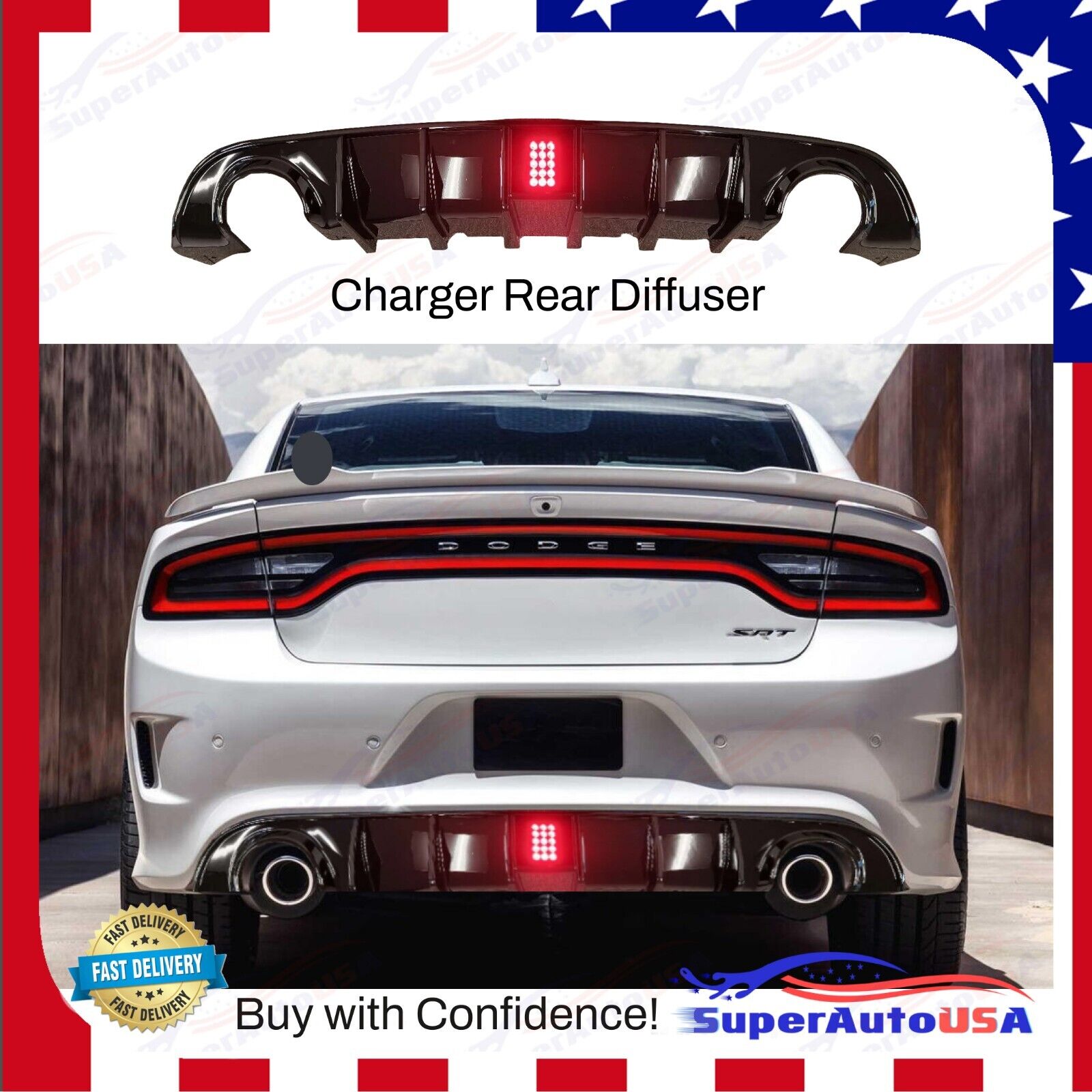 Fit For 2015-2023 Dodge Charger SRT Dual Exhaust Gloss Black w/LED Rear Diffuser