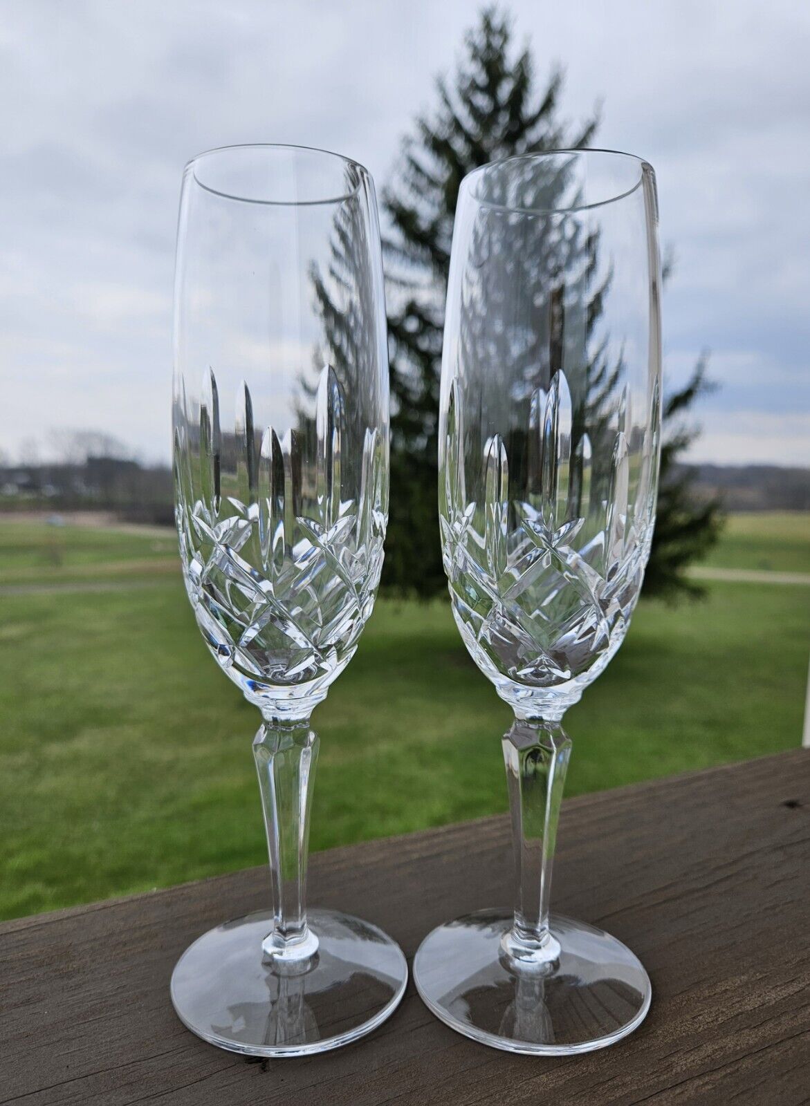 Gorham Crystal Lady Anne Fluted Champagne Glass Pair  Discontinued Estate RARE 