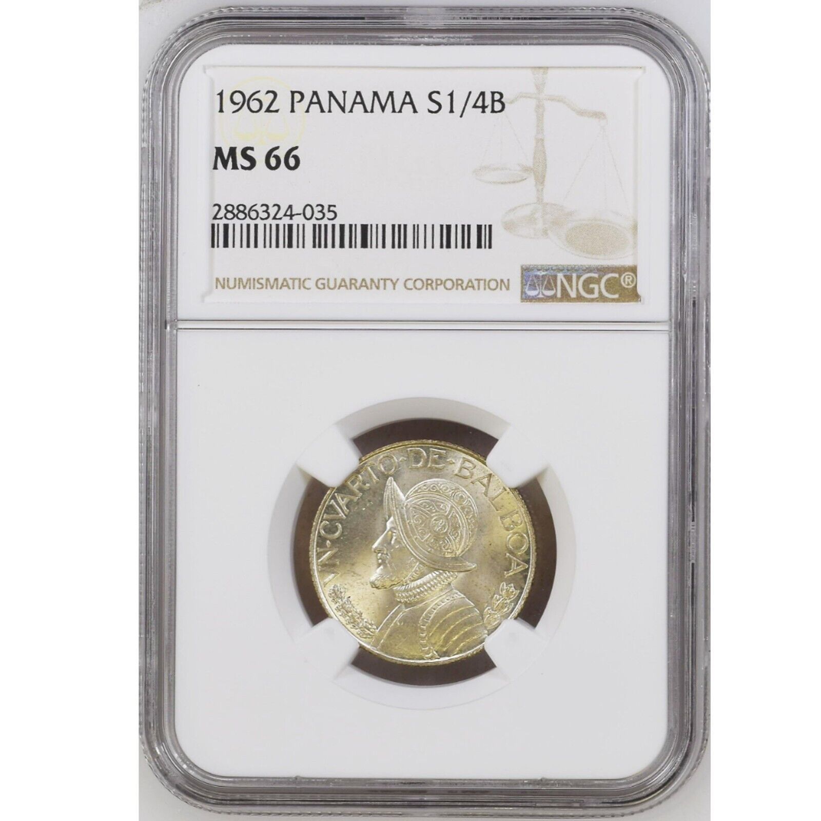 1962 Panama S1/4B Un Quarto de Balboa NGC MS 66 Silver Coin
