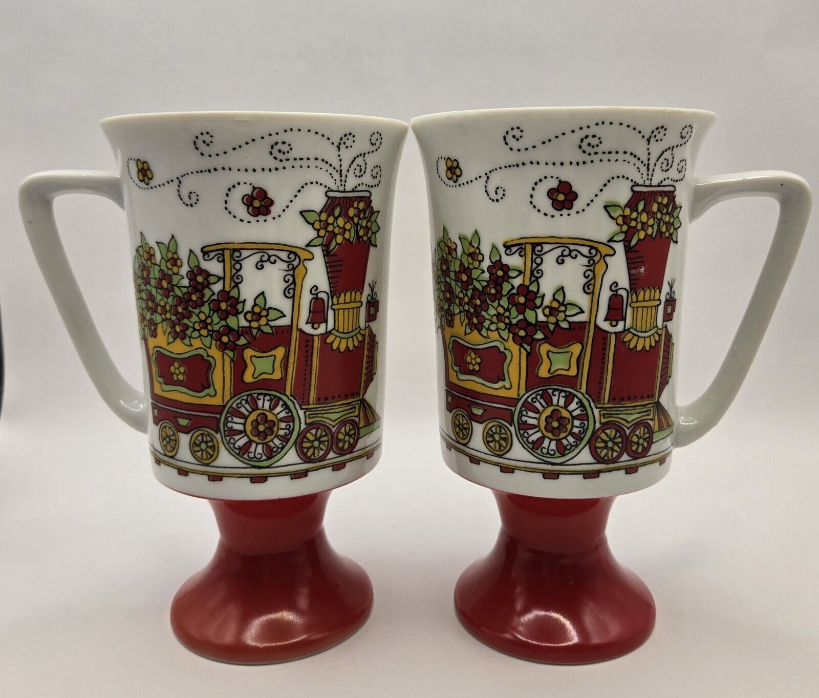 Set of 2 Royal Crown Arnart 5th Ave Chattanooga Choo Choo Train Footed Cups Mugs