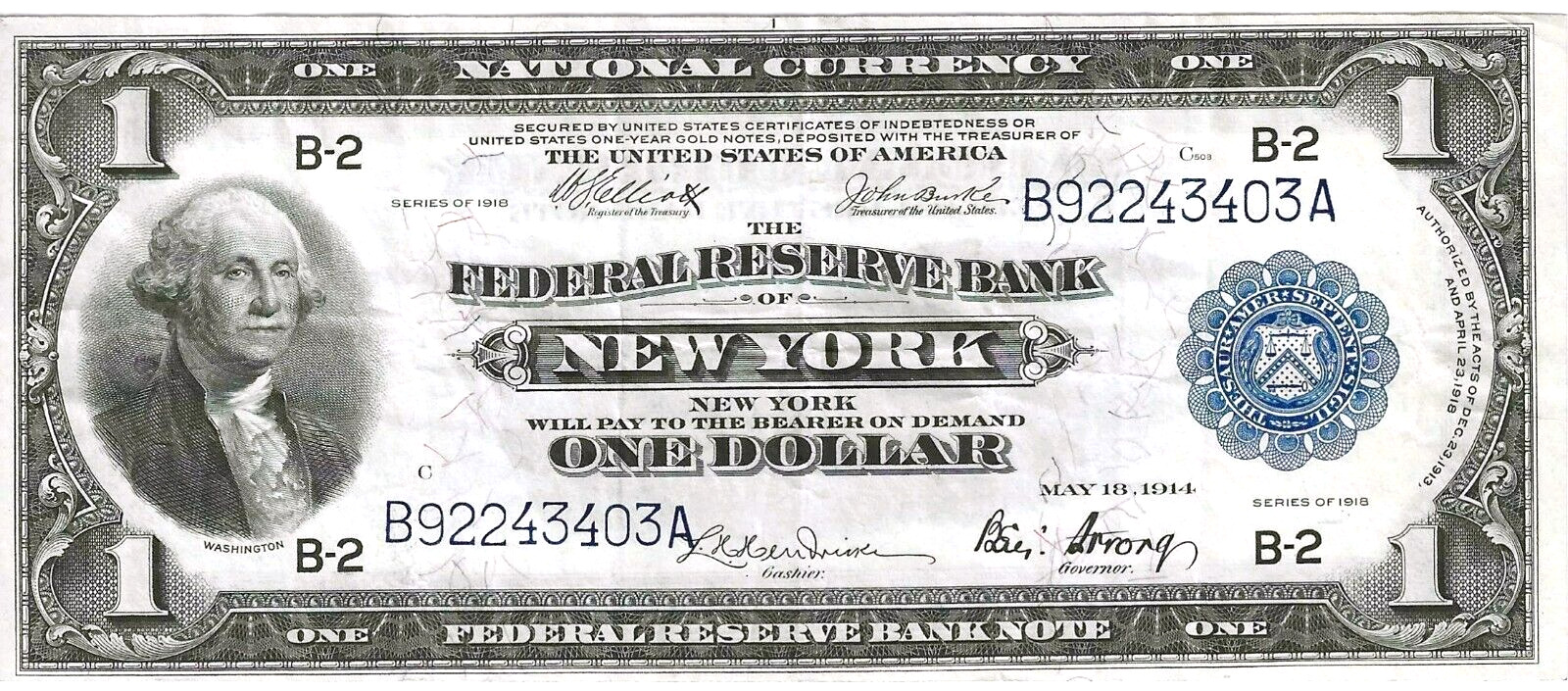 1918 $1 NEW YORK FEDERAL RESERVE BANK NOTE ~ SPREAD EAGLE ~ NICE EXTREMELY FINE