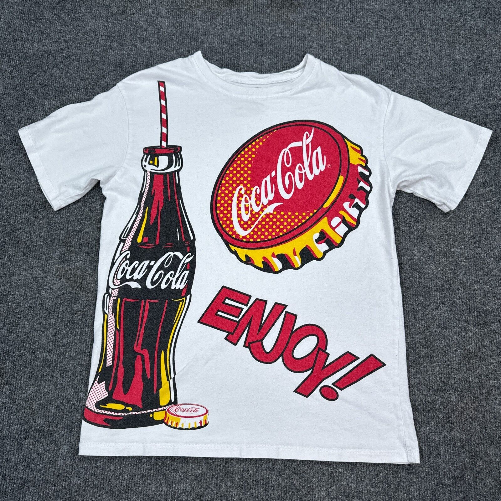 Coca Cola Popart T Shirt Top Womens Size Small White Vintage Style Big Logo Tee