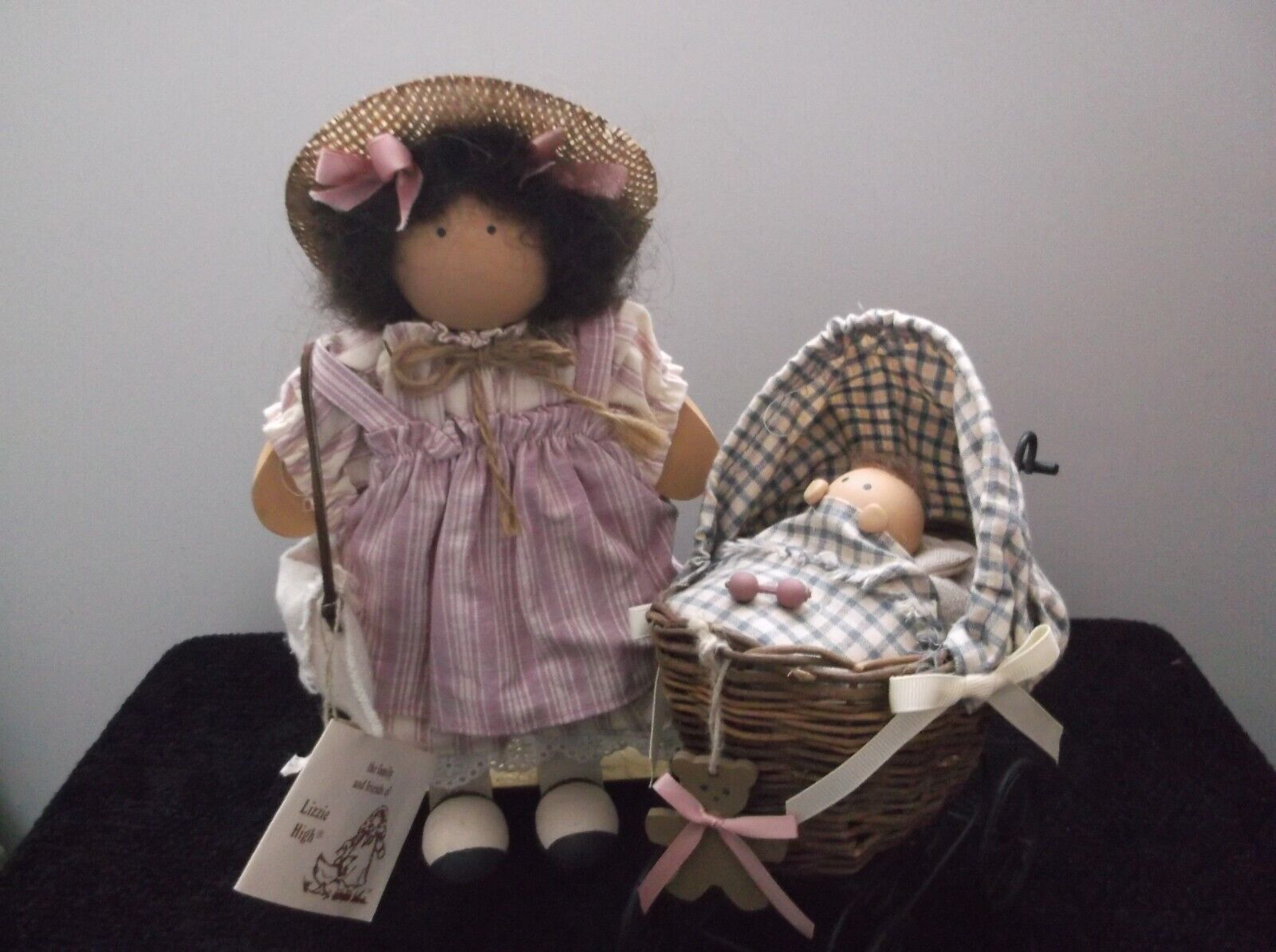 Vintage Lizzie High 1989 Rebecca Bowman Wood Doll Tag Baby Brother in Carriage