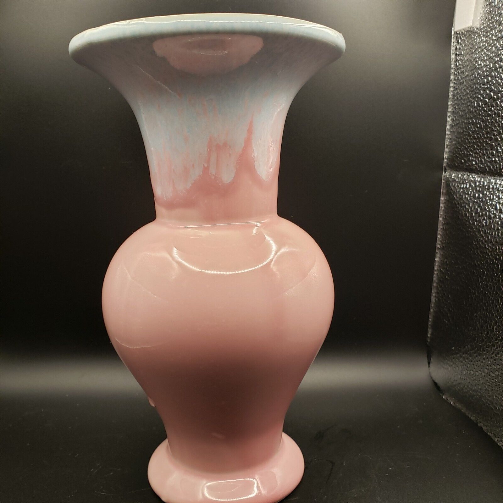 VINTAGE HULL POTTERY USA 37 Pink Vase with Blue-Gray Drip Top  8 1/2 In. Tall